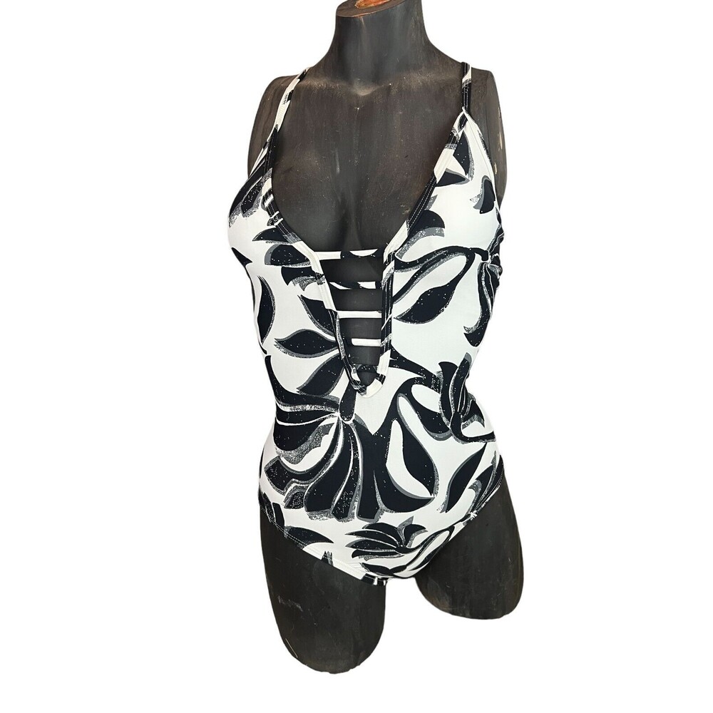 Athleta Black & White Deep V-Neck One Piece Swimsuit w Lace up Back Size 4